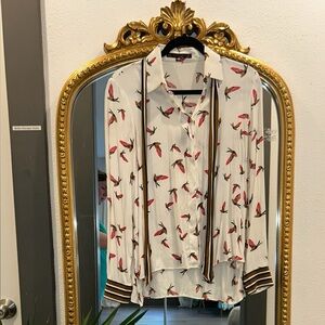 Zara White Blouse with Bird Print and Striped Accents